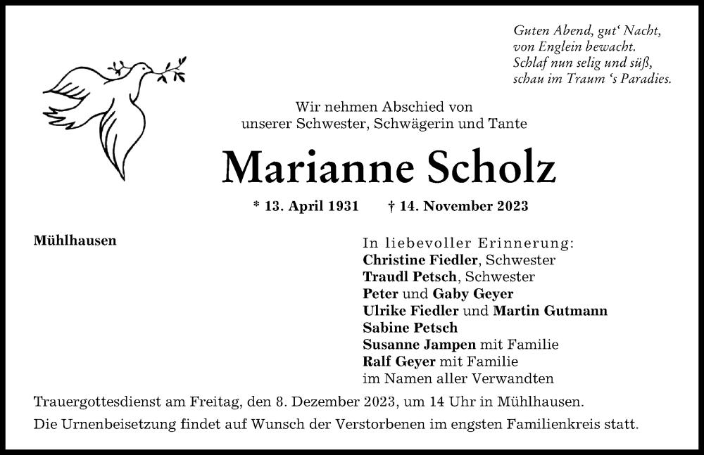  Traueranzeige für Marianne Scholz vom 02.12.2023 aus Aichacher Nachrichten, Augsburger Allgemeine