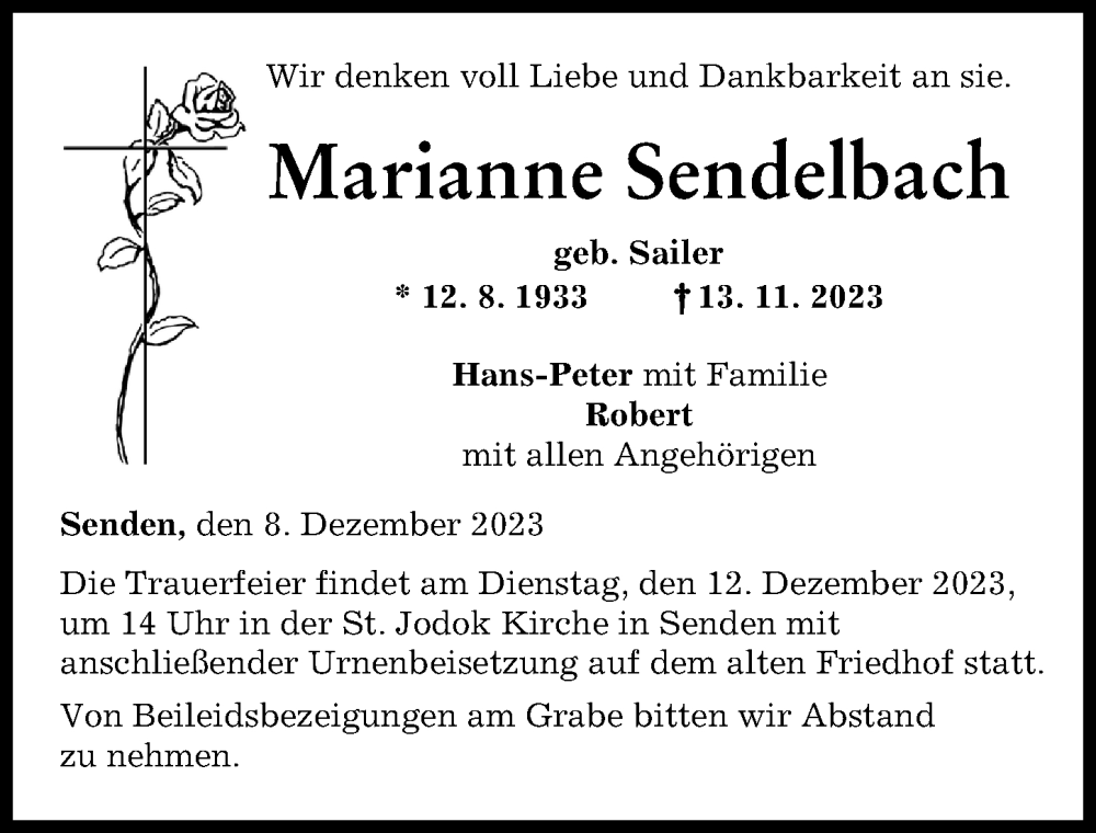  Traueranzeige für Marianne Sendelbach vom 08.12.2023 aus Neu-Ulmer Zeitung