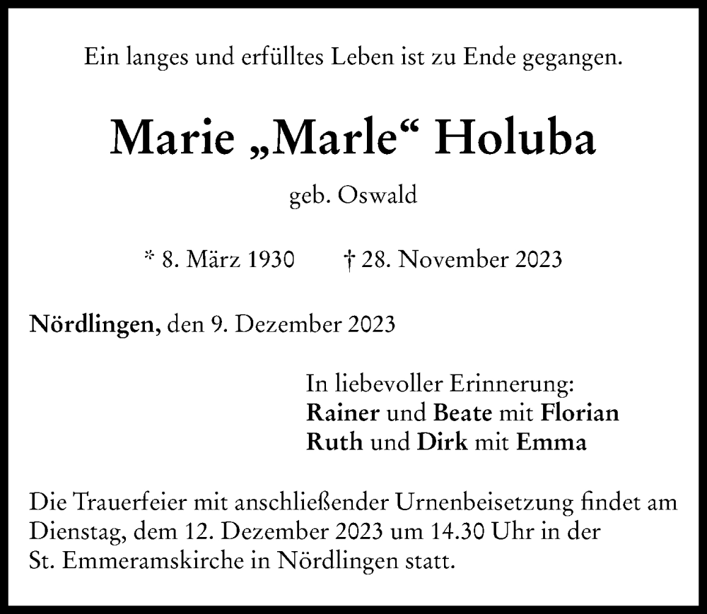  Traueranzeige für Marie  Holuba vom 09.12.2023 aus Rieser Nachrichten