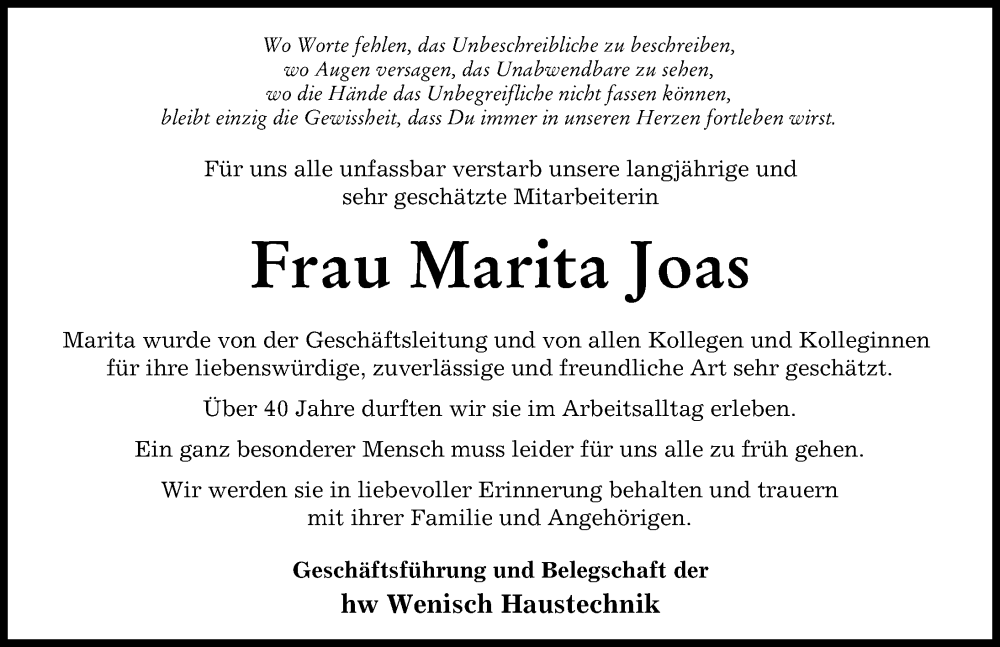  Traueranzeige für Marita Joas vom 02.12.2023 aus Donau Zeitung