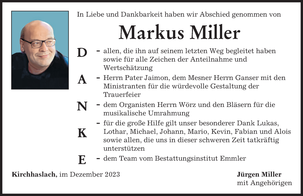 Traueranzeige von Markus Miller von Illertisser Zeitung