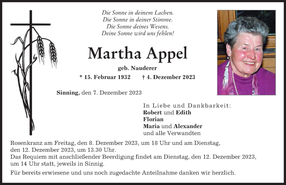  Traueranzeige für Martha Appel vom 07.12.2023 aus Neuburger Rundschau
