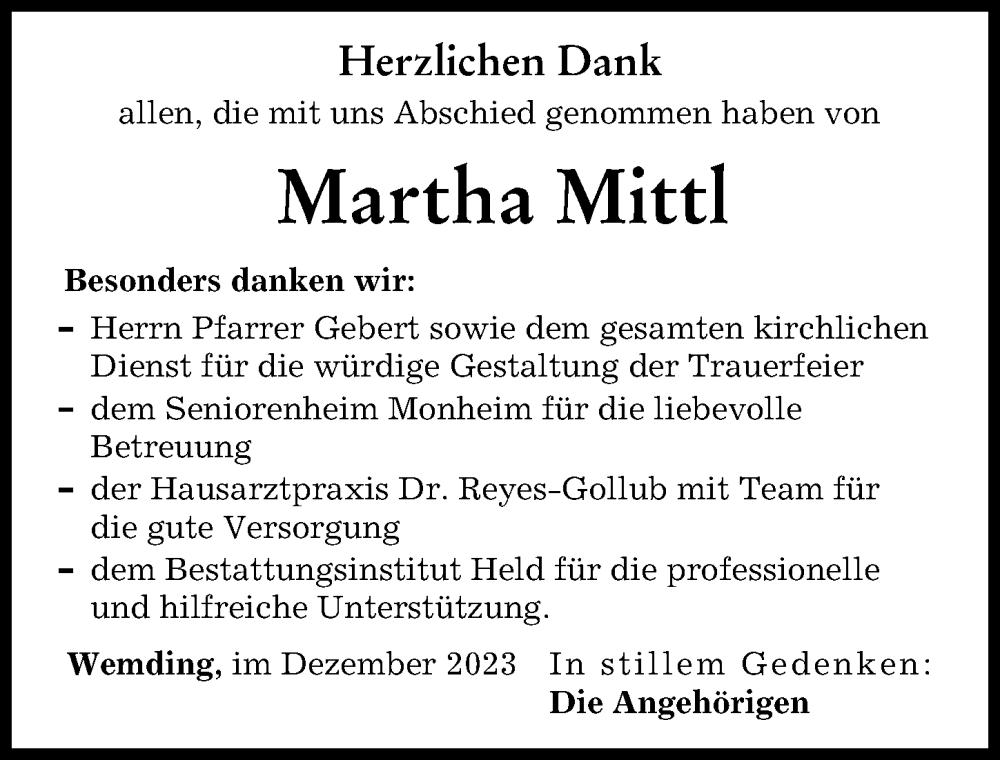 Traueranzeige von Martha Mittl von Donauwörther Zeitung
