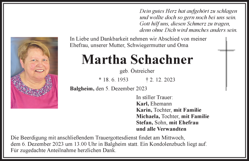  Traueranzeige für Martha Schachner vom 05.12.2023 aus Rieser Nachrichten