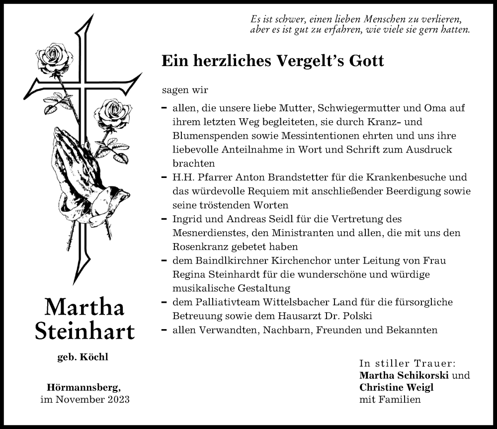  Traueranzeige für Martha Steinhart vom 02.12.2023 aus Friedberger Allgemeine