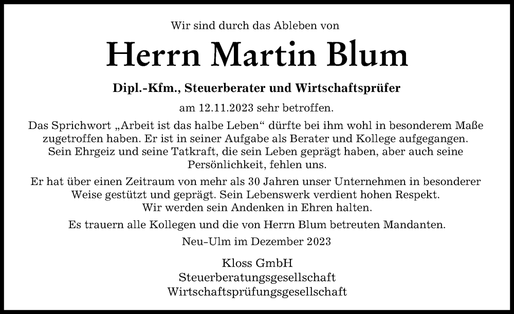 Traueranzeige von Martin Blum von Illertisser Zeitung, Neu-Ulmer Zeitung