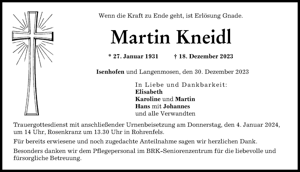 Traueranzeige von Martin Kneidl von Neuburger Rundschau