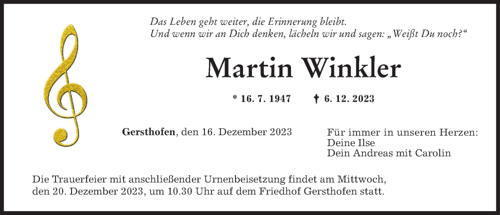 Traueranzeige von Martin Winkler von Augsburger Allgemeine