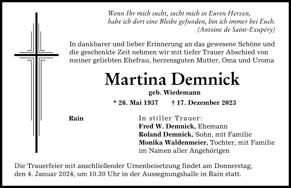 Traueranzeige von Martina Demnick von Donauwörther Zeitung