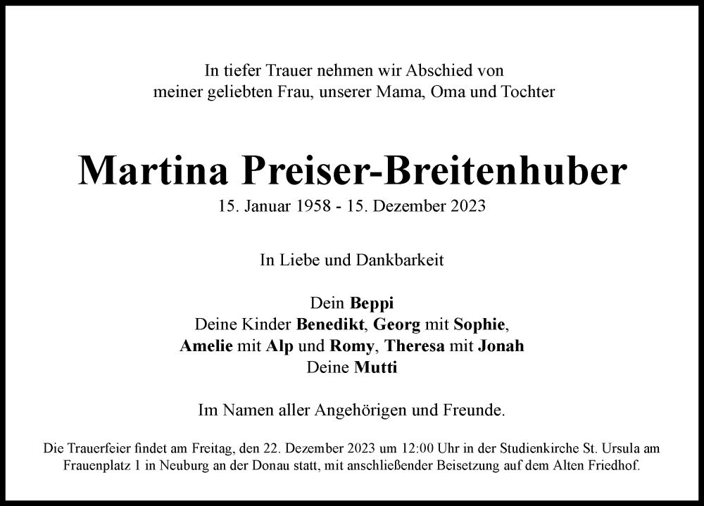 Traueranzeige von Martina Preiser-Breitenhuber von Neuburger Rundschau