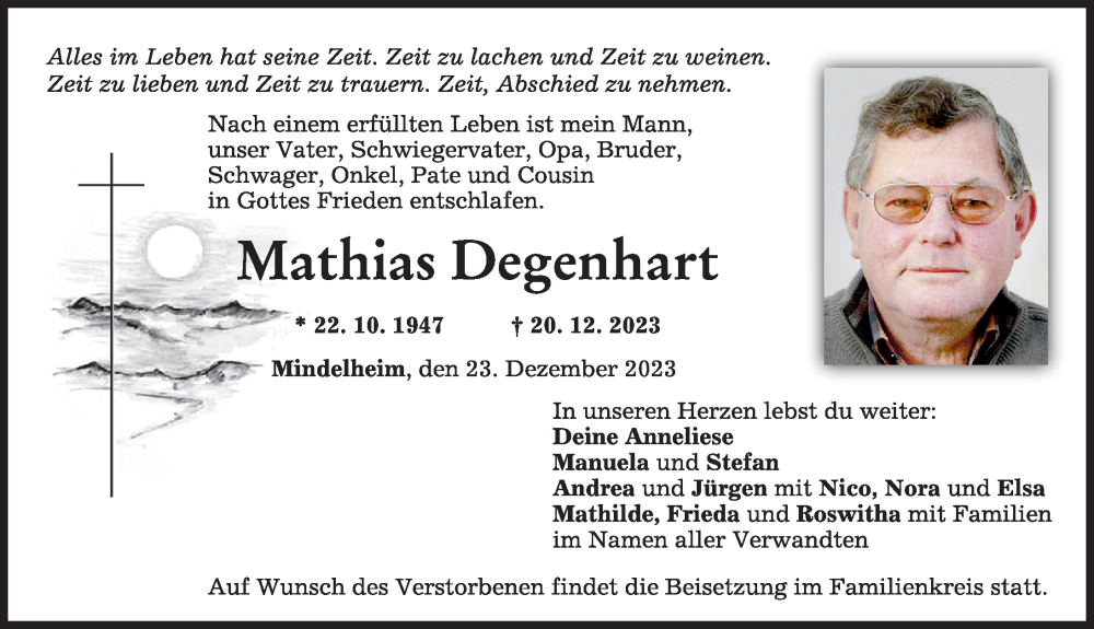 Traueranzeige von Mathias Degenhart von Mindelheimer Zeitung