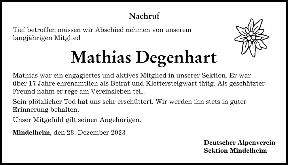 Traueranzeige von Mathias Degenhart von Mindelheimer Zeitung