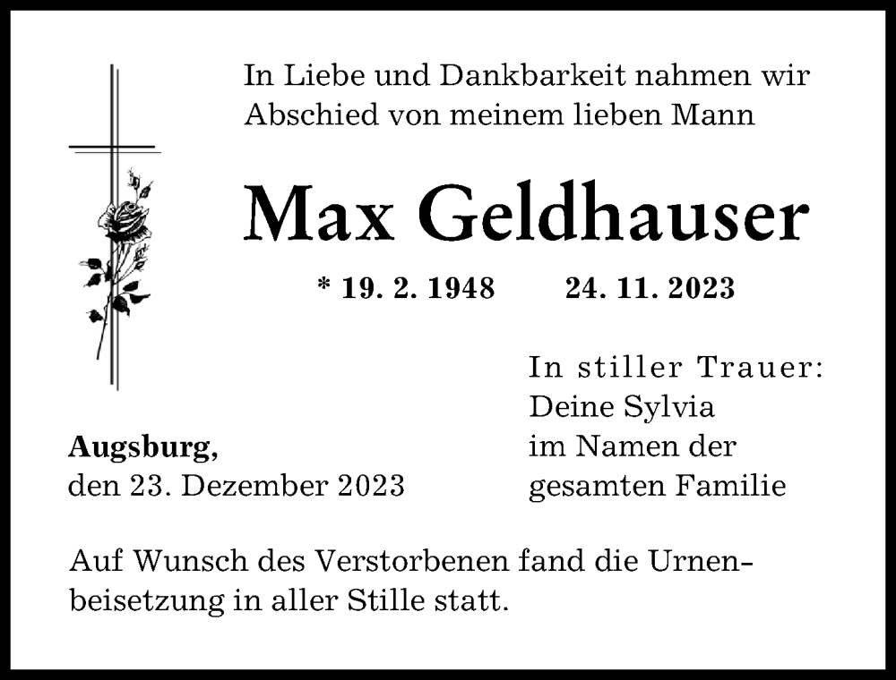 Traueranzeige von Max Geldhauser von Augsburger Allgemeine