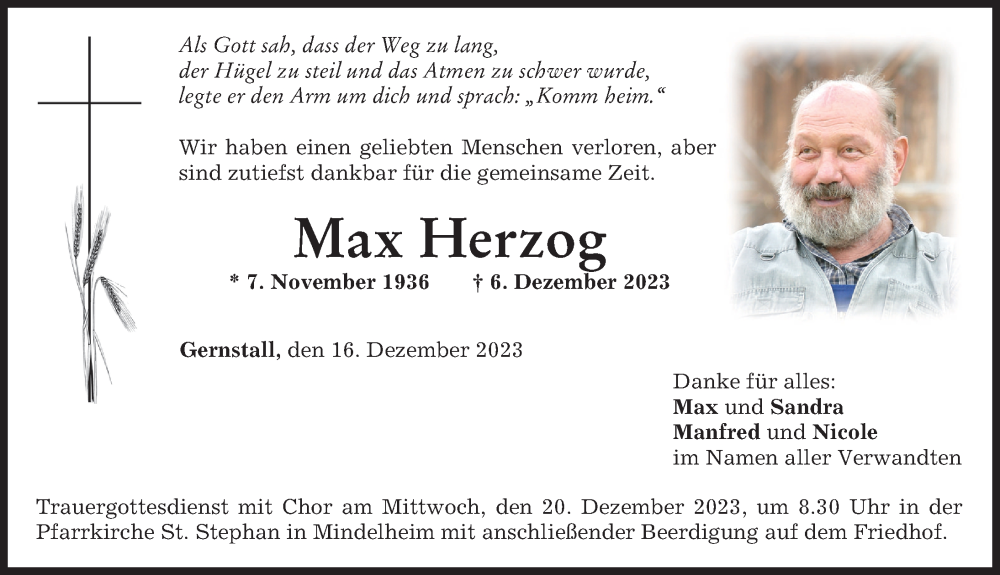 Traueranzeige von Max Herzog von Mindelheimer Zeitung