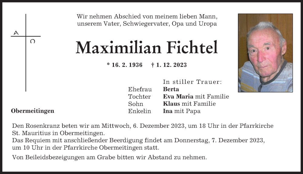  Traueranzeige für Maximilian Fichtel vom 05.12.2023 aus Schwabmünchner Allgemeine