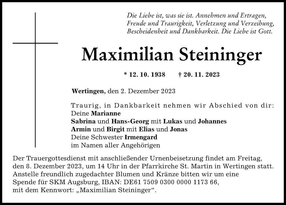  Traueranzeige für Maximilian Steininger vom 02.12.2023 aus Wertinger Zeitung