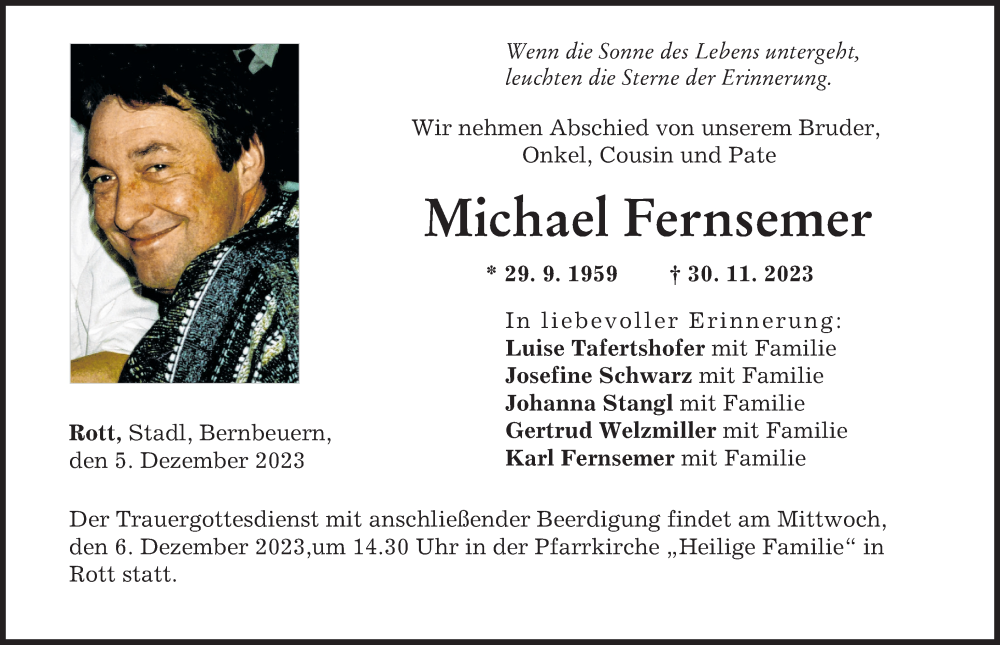  Traueranzeige für Michael Fernsemer vom 05.12.2023 aus Landsberger Tagblatt