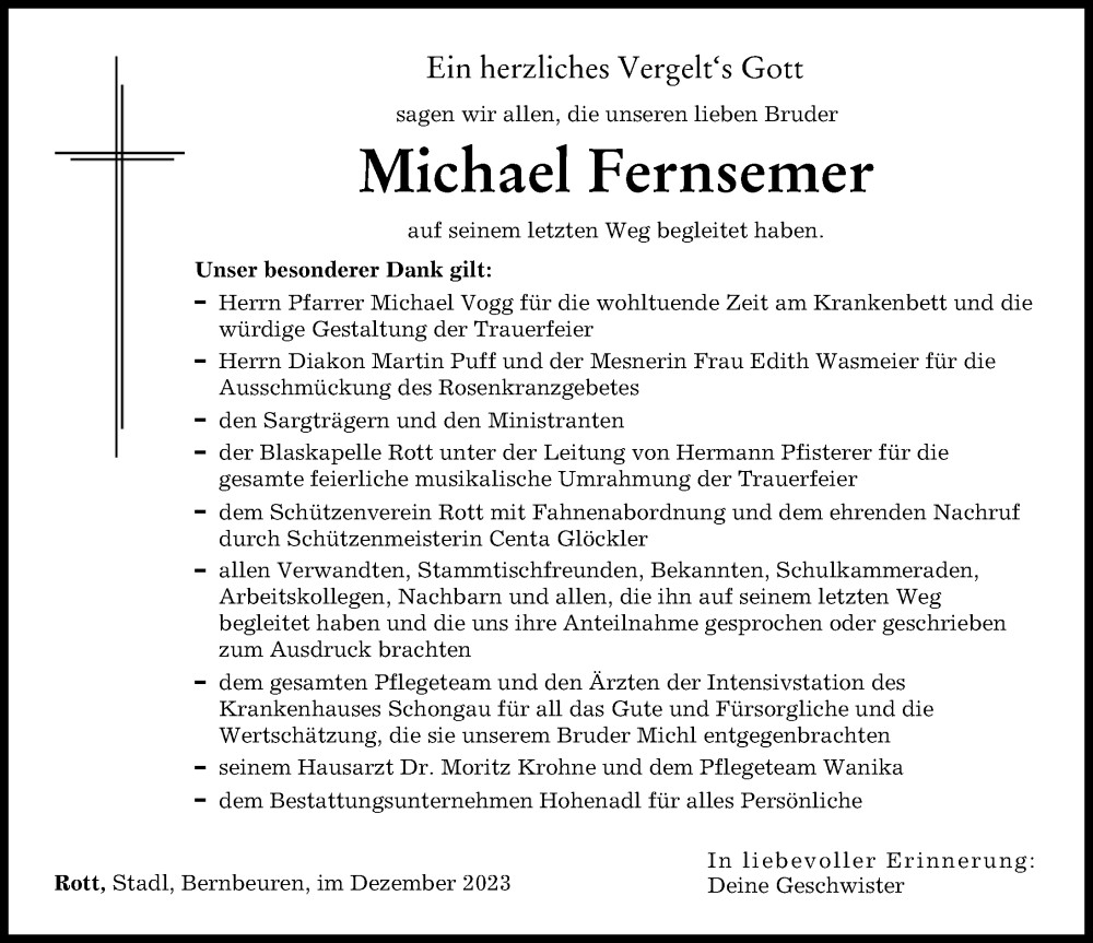  Traueranzeige für Michael Fernsemer vom 20.12.2023 aus Landsberger Tagblatt