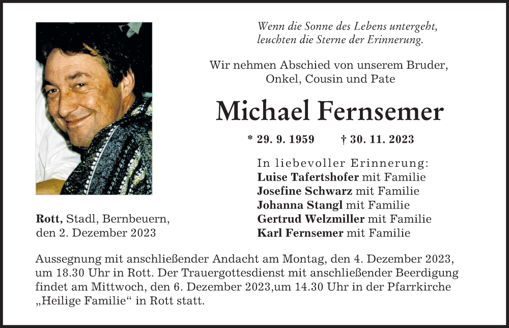  Traueranzeige für Michael Fernsemer vom 02.12.2023 aus Landsberger Tagblatt