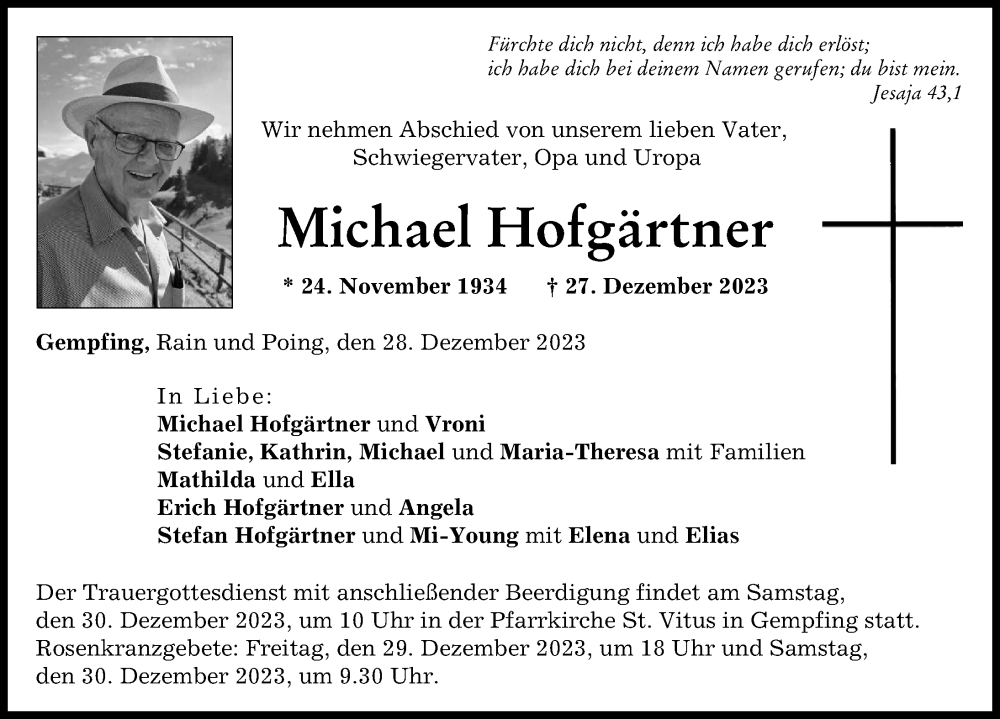 Traueranzeige von Michael Hofgärtner von Neuburger Rundschau, Donauwörther Zeitung