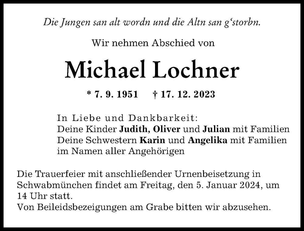 Traueranzeige von Michael Lochner von Schwabmünchner Allgemeine