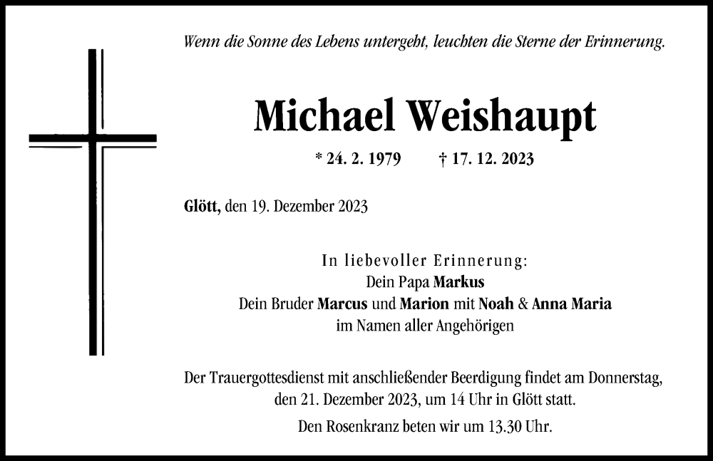 Traueranzeige von Michael Weishaupt von Donau Zeitung