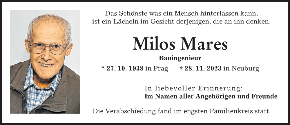 Traueranzeige von Milos Mares von Neuburger Rundschau