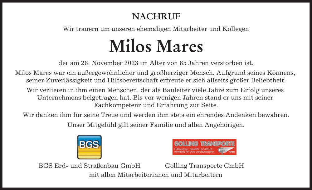 Traueranzeige von Milos Mares von Neuburger Rundschau