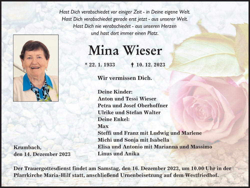 Traueranzeige von Mina Wieser von Mittelschwäbische Nachrichten