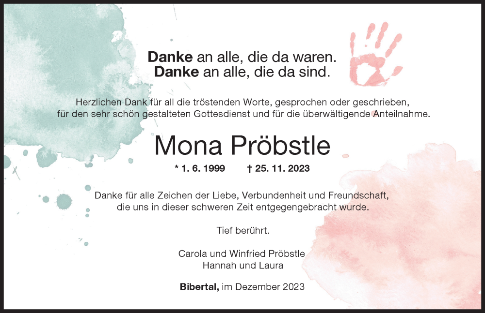  Traueranzeige für Mona Pröbstle vom 23.12.2023 aus Günzburger Zeitung