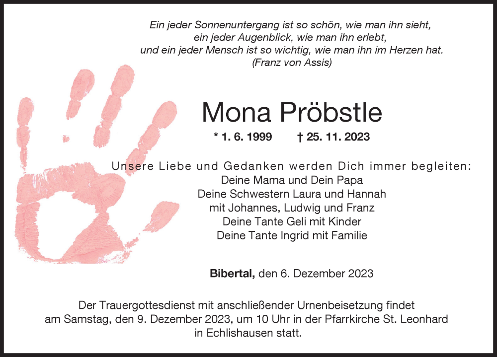  Traueranzeige für Mona Pröbstle vom 06.12.2023 aus Günzburger Zeitung