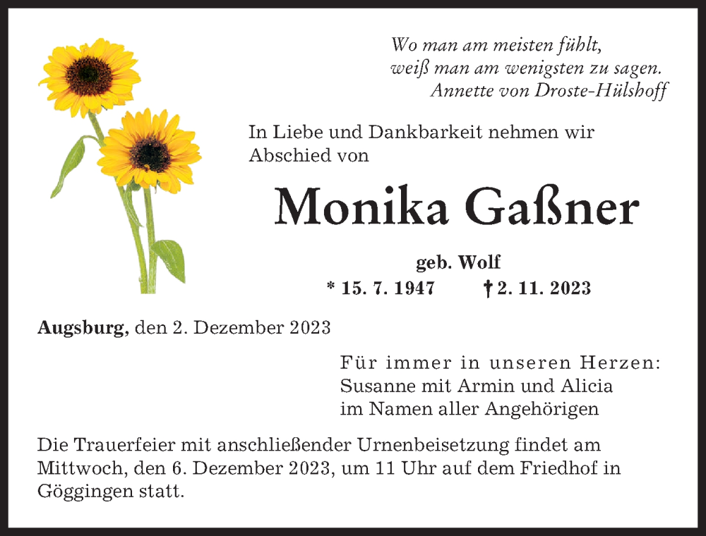  Traueranzeige für Monika Gaßner vom 02.12.2023 aus Augsburger Allgemeine
