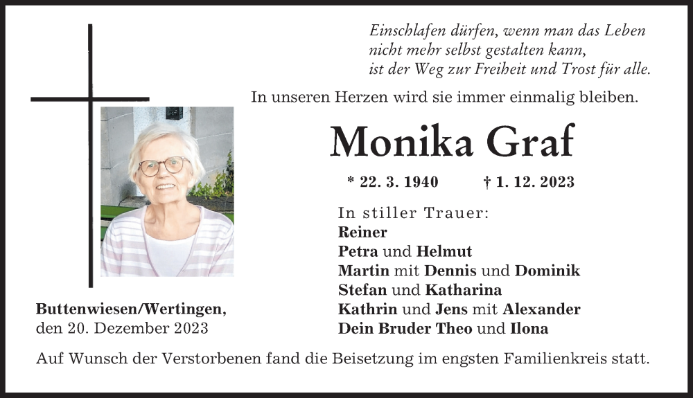  Traueranzeige für Monika Graf vom 20.12.2023 aus Wertinger Zeitung