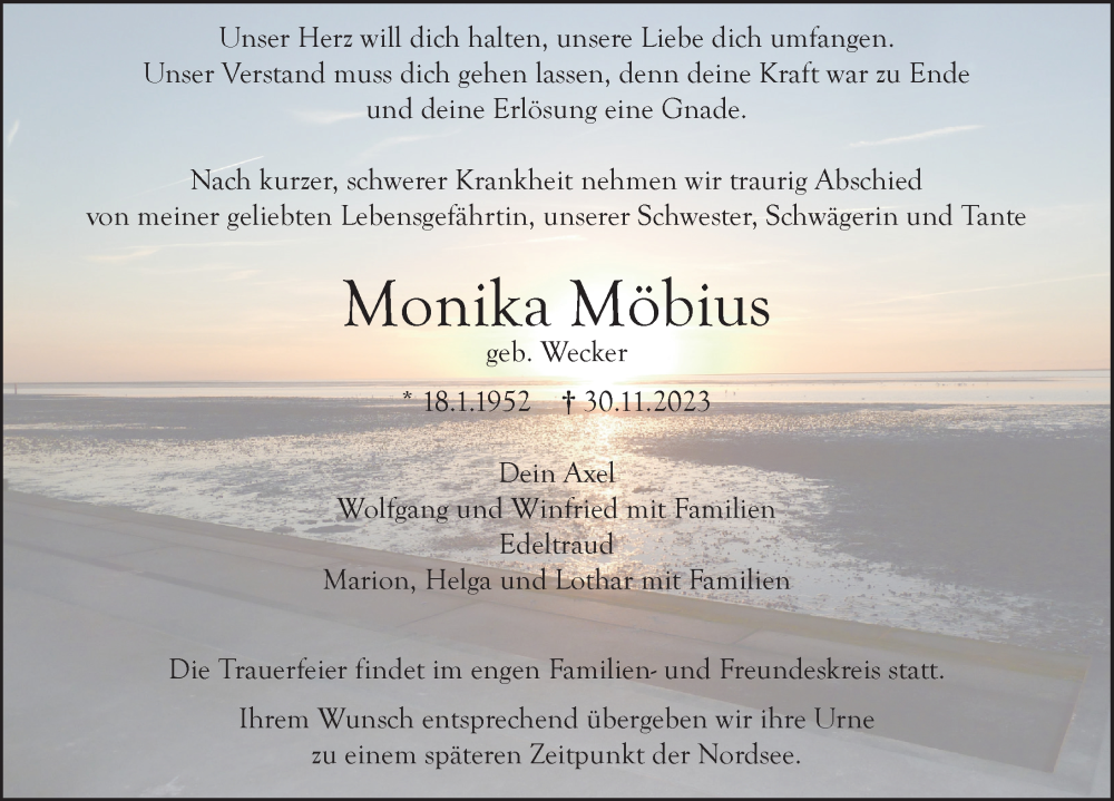  Traueranzeige für Monika Möbius vom 09.12.2023 aus Illertisser Zeitung