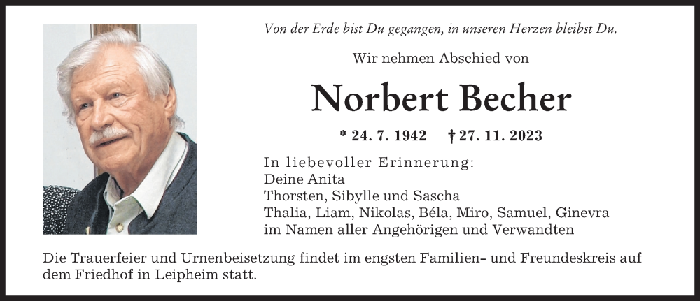 Traueranzeige von Norbert Becher von Günzburger Zeitung