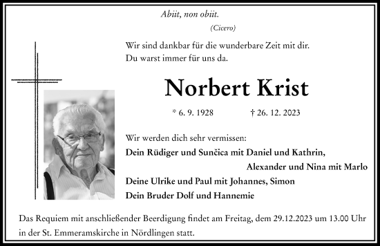 Traueranzeige von Norbert Krist von Rieser Nachrichten