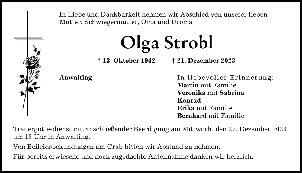 Traueranzeige von Olga Strobl von Friedberger Allgemeine, Aichacher Nachrichten