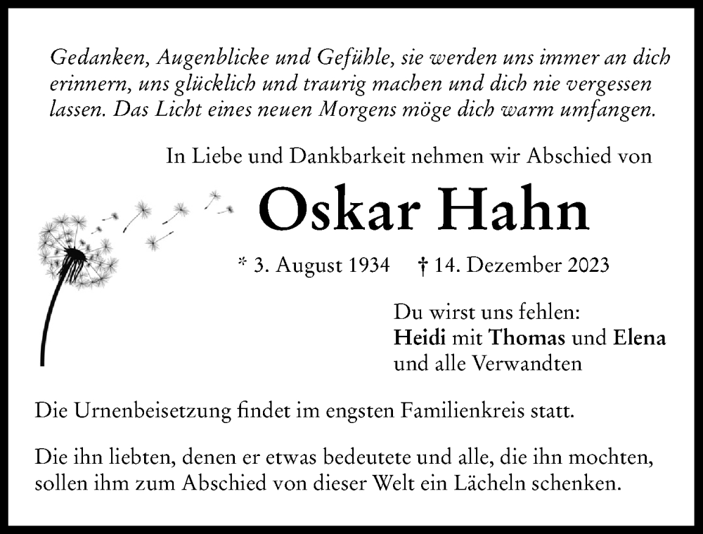  Traueranzeige für Oskar Hahn vom 23.12.2023 aus Rieser Nachrichten