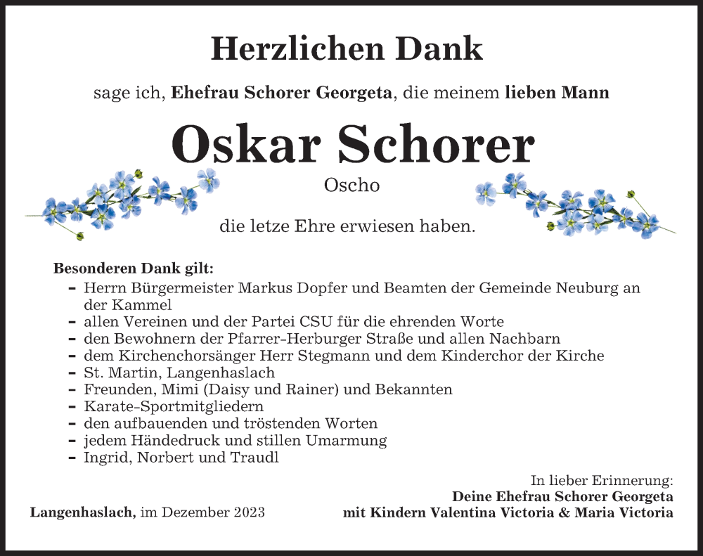  Traueranzeige für Oskar Schorer vom 23.12.2023 aus Günzburger Zeitung, Augsburger Allgemeine, Mittelschwäbische Nachrichten