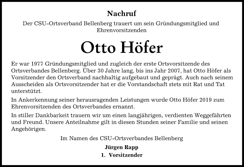 Traueranzeige von Otto Höfer von Illertisser Zeitung