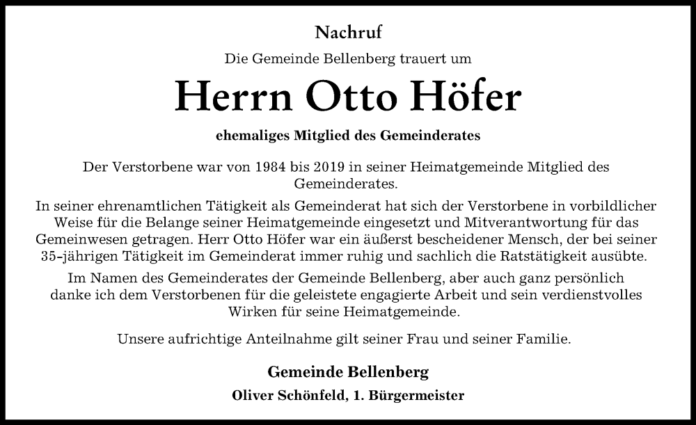 Traueranzeige von Otto Höfer von Illertisser Zeitung