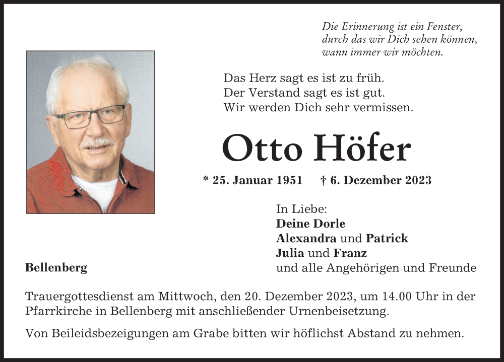 Traueranzeige von Otto Höfer von Illertisser Zeitung