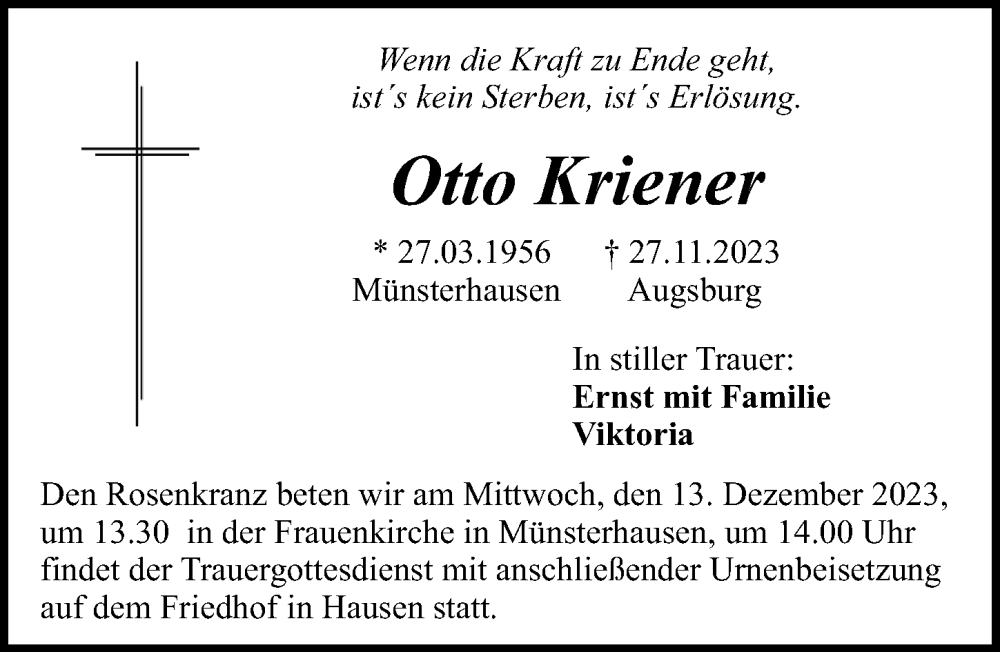  Traueranzeige für Otto Kriener vom 11.12.2023 aus Mittelschwäbische Nachrichten