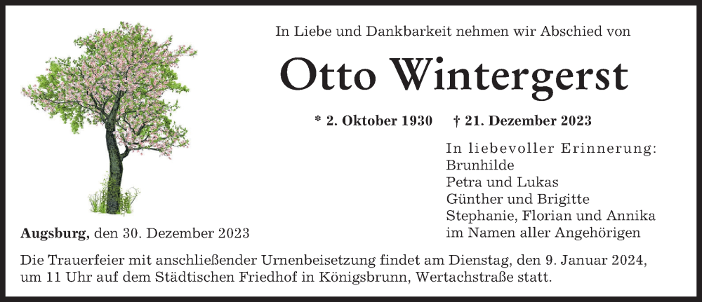 Traueranzeige von Otto Wintergerst von Augsburger Allgemeine