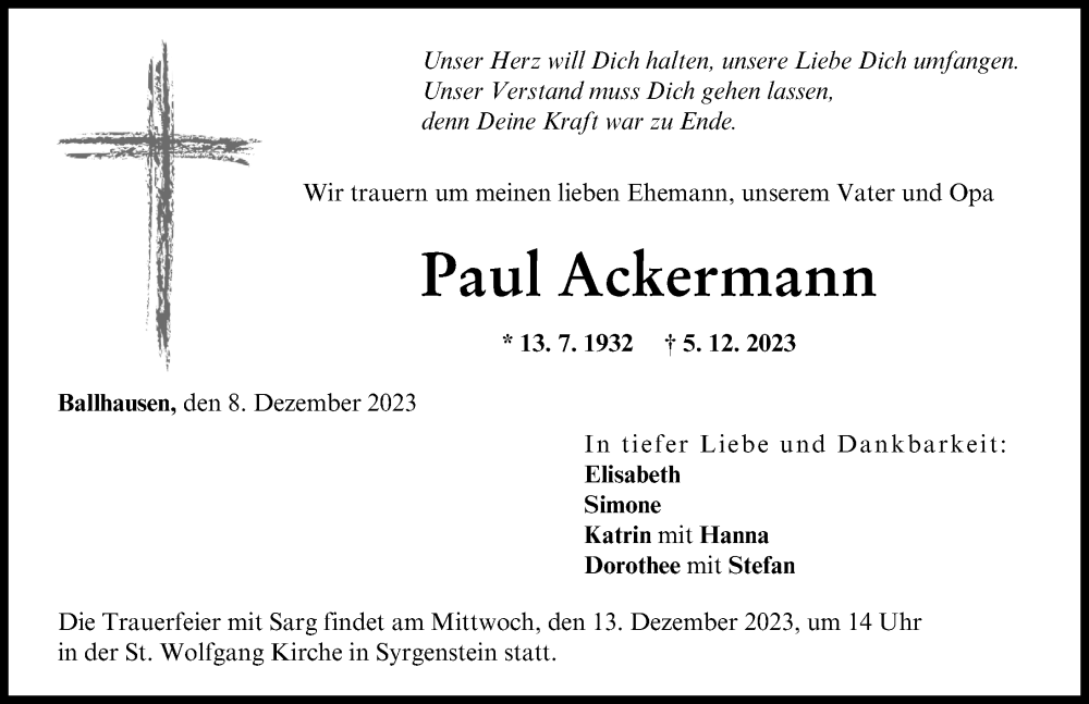  Traueranzeige für Paul Ackermann vom 08.12.2023 aus Donau Zeitung
