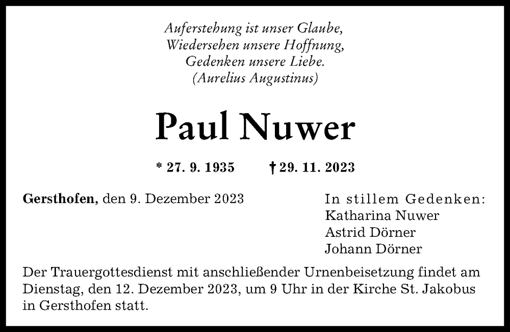 Traueranzeige für Paul Nuwer vom 09.12.2023 aus Augsburger Allgemeine