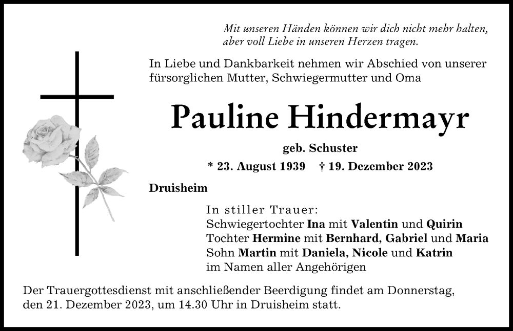 Traueranzeige von Pauline Hindermayr von Donauwörther Zeitung