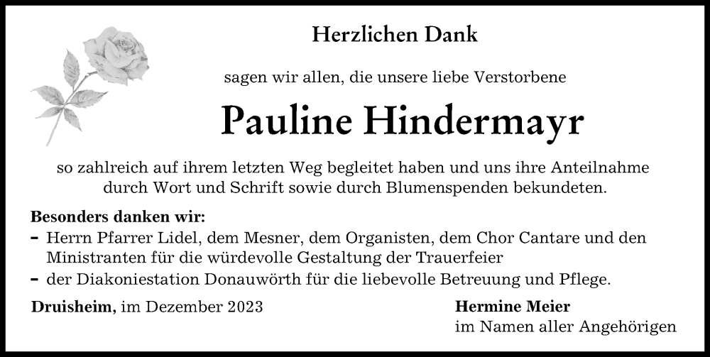 Traueranzeige von Pauline Hindermayr von Donauwörther Zeitung