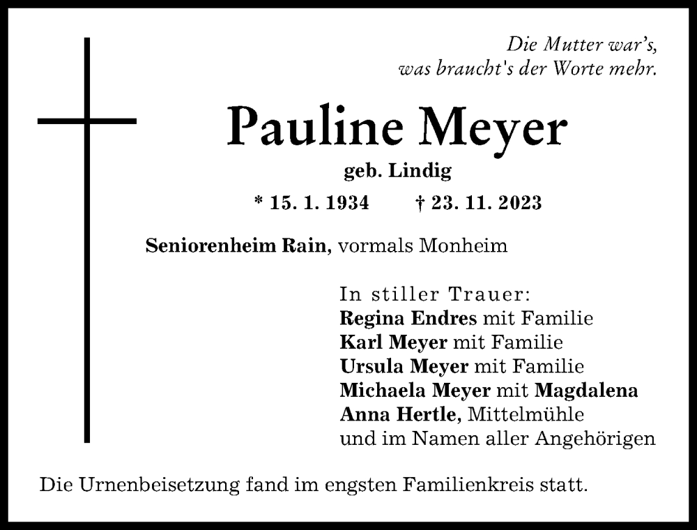 Traueranzeige von Pauline Meyer von Donauwörther Zeitung