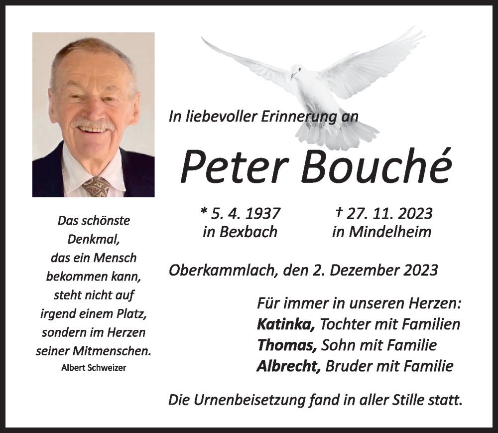  Traueranzeige für Peter Boucé vom 02.12.2023 aus Mindelheimer Zeitung